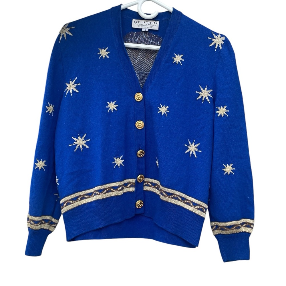 St. John Blue Cardigan with Gold Star Accents